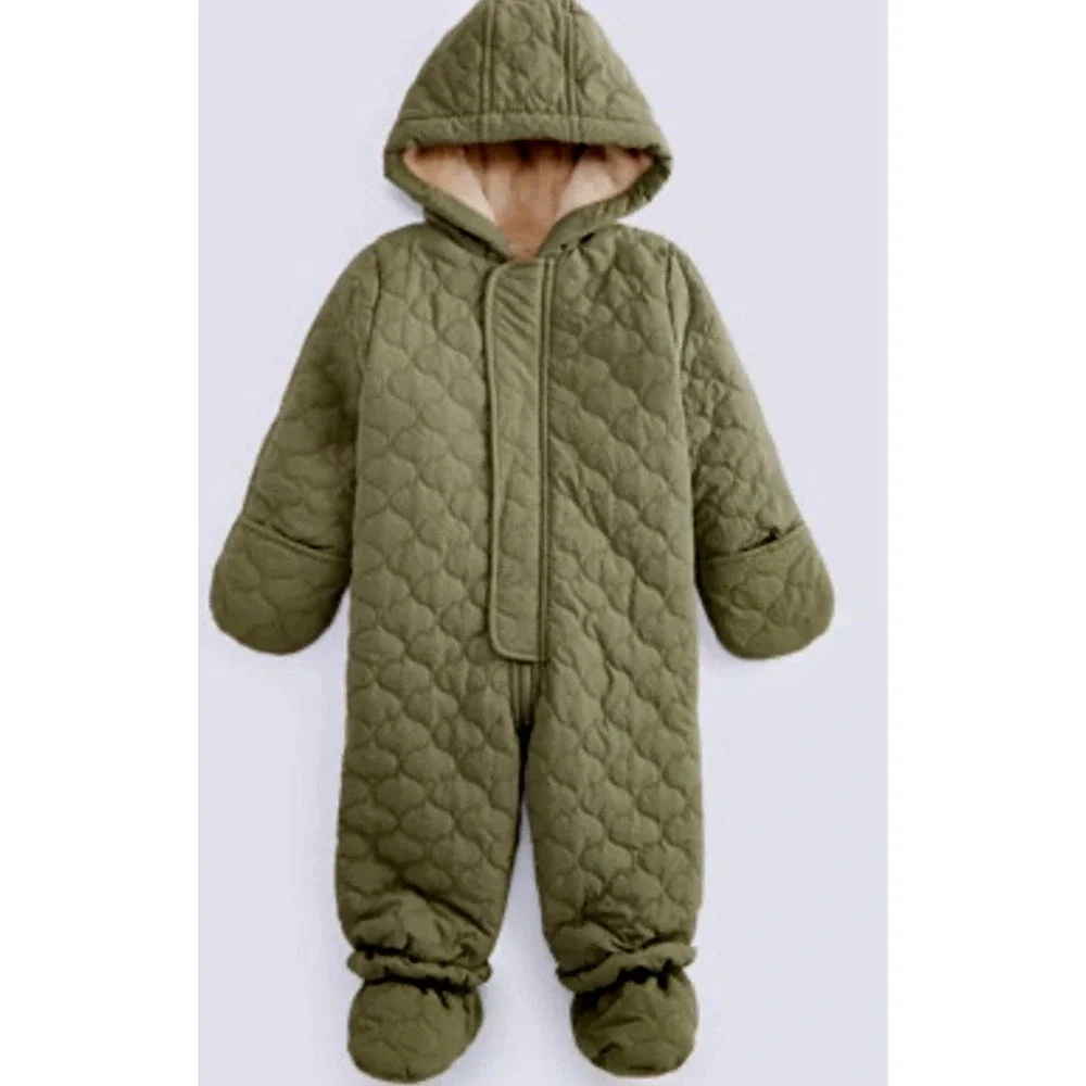 First Impressions 18 months Quilted Sherpa Lined Snowsuit Hooded Olive Green NWT